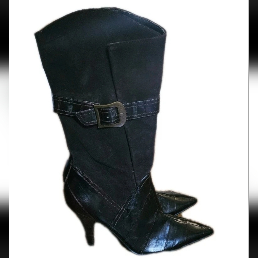 Kara Black Leather Suede Mid Calf Boots Women’s 8.5M Pointed Toe Heels Buckle